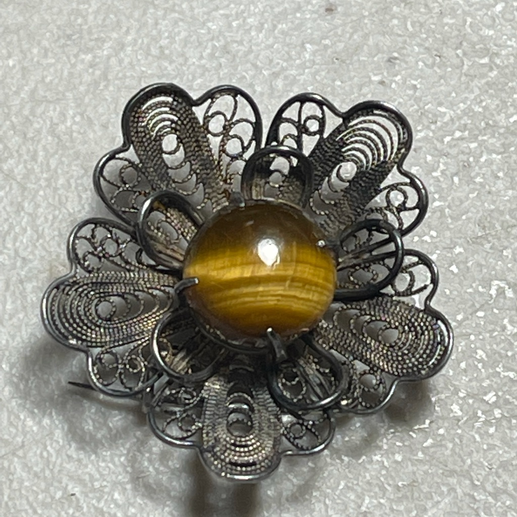 Vtg. Tigers Eye Sterling Pin/Brooch Signed Korea
